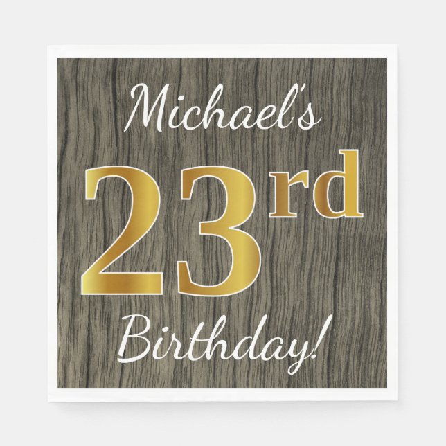 Faux Wood, Faux Gold 23rd Birthday + Custom Name Napkin (Front)