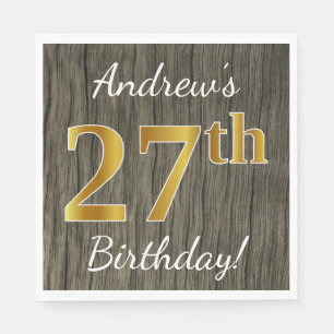 Faux Wood, Faux Gold 27th Birthday + Custom Name Napkin