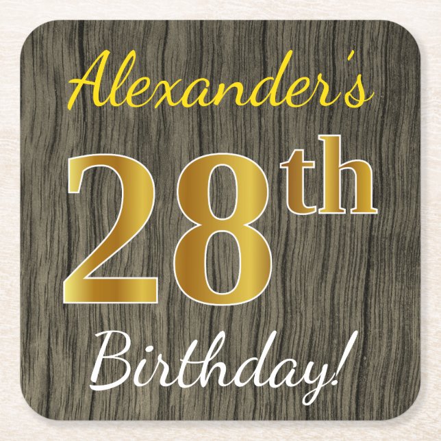 Faux Wood, Faux Gold 28th Birthday + Custom Name Square Paper Coaster (Front)