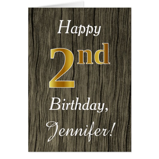 Faux Wood, Faux Gold 2nd Birthday + Custom Name (Front)