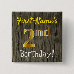 Faux Wood, Faux Gold 2nd Birthday + Custom Name 15 Cm Square Badge