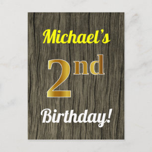 Faux Wood, Faux Gold 2nd Birthday & Custom Name Postcard