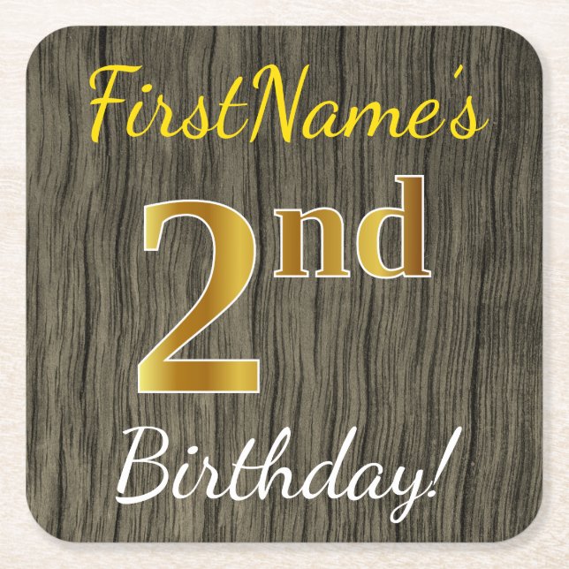 Faux Wood, Faux Gold 2nd Birthday + Custom Name Square Paper Coaster (Front)