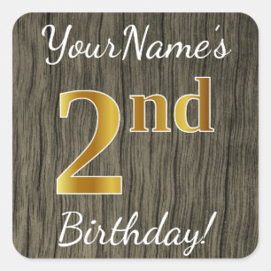 Faux Wood, Faux Gold 2nd Birthday + Custom Name Square Sticker