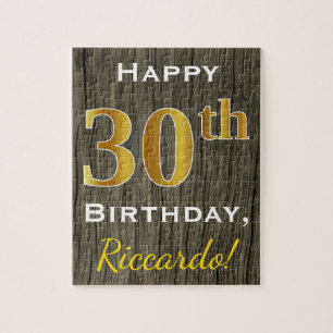 Faux Wood, Faux Gold 30th Birthday + Custom Name Jigsaw Puzzle