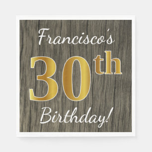 Faux Wood, Faux Gold 30th Birthday + Custom Name Napkin