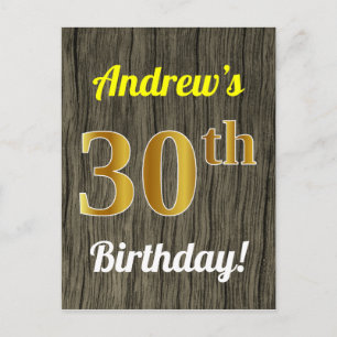 Faux Wood, Faux Gold 30th Birthday & Custom Name Postcard