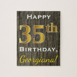 Faux Wood, Faux Gold 35th Birthday + Custom Name Jigsaw Puzzle