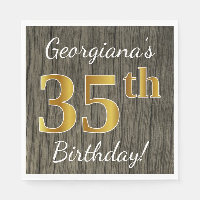 Faux Wood, Faux Gold 35th Birthday + Custom Name Napkin (Front)
