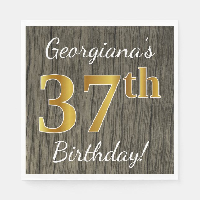 Faux Wood, Faux Gold 37th Birthday + Custom Name Napkin (Front)