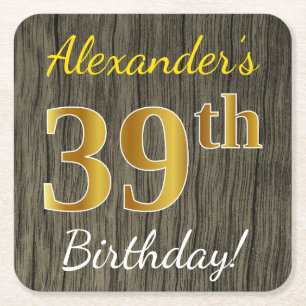 Faux Wood, Faux Gold 39th Birthday + Custom Name Square Paper Coaster
