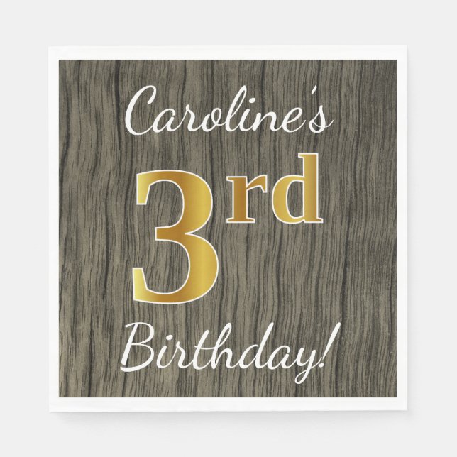 Faux Wood, Faux Gold 3rd Birthday + Custom Name Napkin (Front)