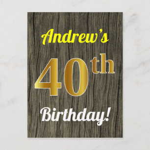 Faux Wood, Faux Gold 40th Birthday & Custom Name Postcard