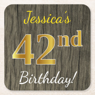 Faux Wood, Faux Gold 42nd Birthday + Custom Name Square Paper Coaster