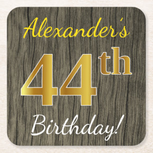 Faux Wood, Faux Gold 44th Birthday + Custom Name Square Paper Coaster