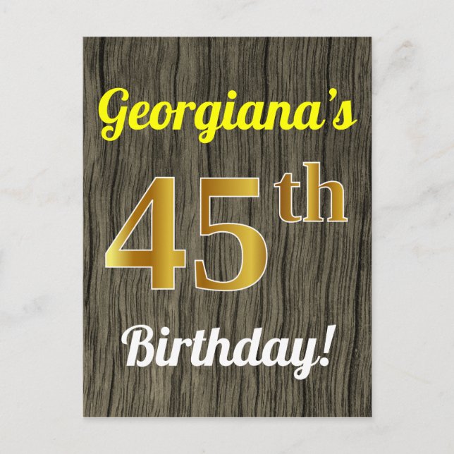 Faux Wood, Faux Gold 45th Birthday & Custom Name Postcard (Front)