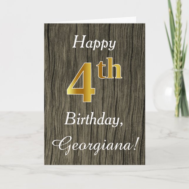 Faux Wood, Faux Gold 4th Birthday + Custom Name Card (Front)