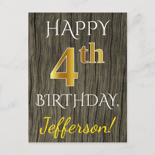 Faux Wood, Faux Gold 4th Birthday + Custom Name Postcard (Front)