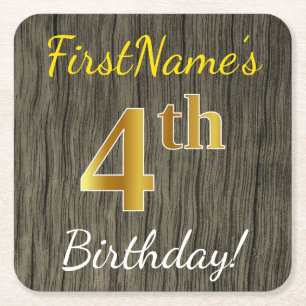 Faux Wood, Faux Gold 4th Birthday + Custom Name Square Paper Coaster