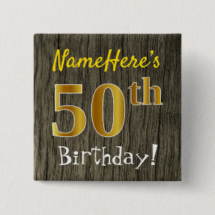 Faux Wood, Faux Gold 50th Birthday + Custom Name 15 Cm Square Badge