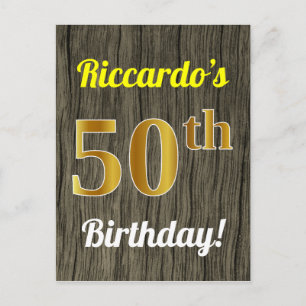 Faux Wood, Faux Gold 50th Birthday & Custom Name Postcard
