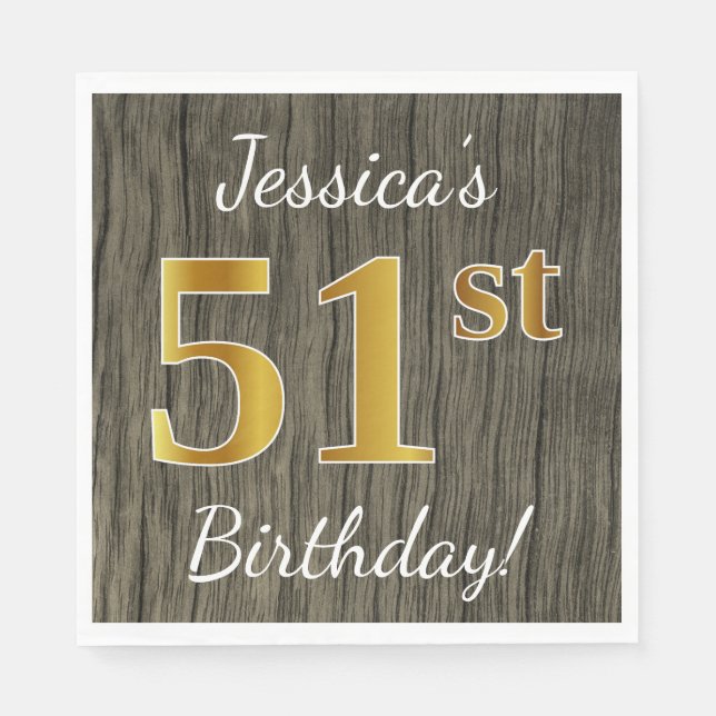 Faux Wood, Faux Gold 51st Birthday + Custom Name Napkin (Front)