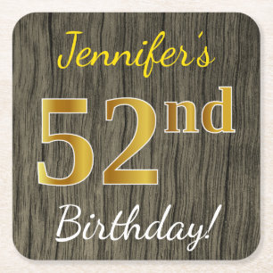 Faux Wood, Faux Gold 52nd Birthday + Custom Name Square Paper Coaster
