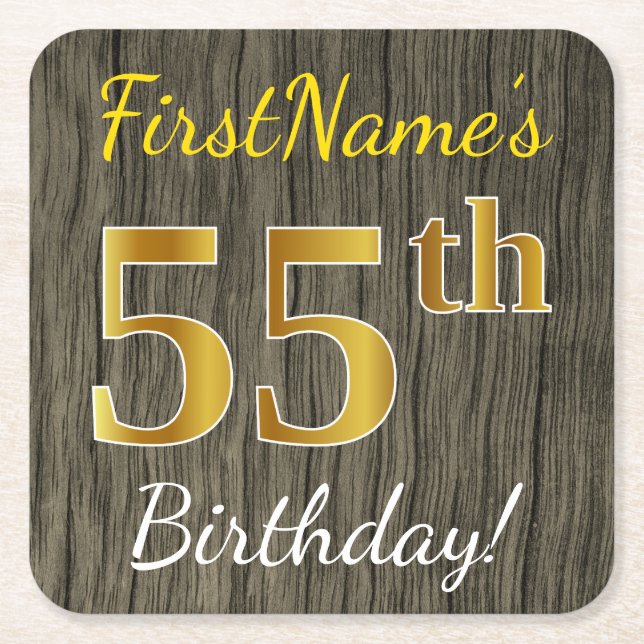 Faux Wood, Faux Gold 55th Birthday + Custom Name Square Paper Coaster (Front)