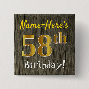 Faux Wood, Faux Gold 58th Birthday + Custom Name 15 Cm Square Badge
