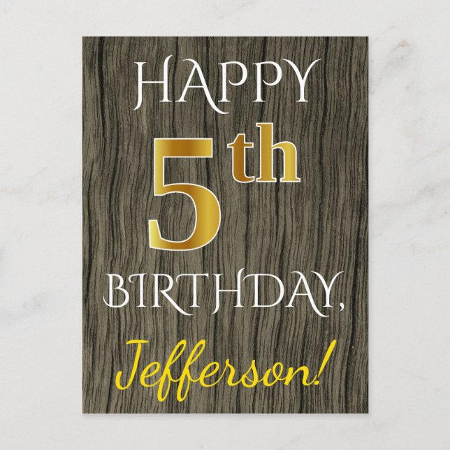 Faux Wood, Faux Gold 5th Birthday + Custom Name Postcard (Front)