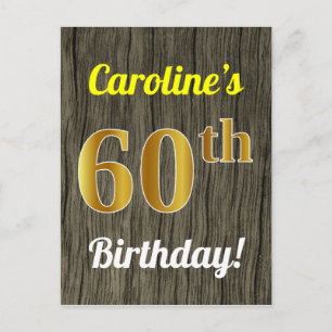 Faux Wood, Faux Gold 60th Birthday & Custom Name Postcard