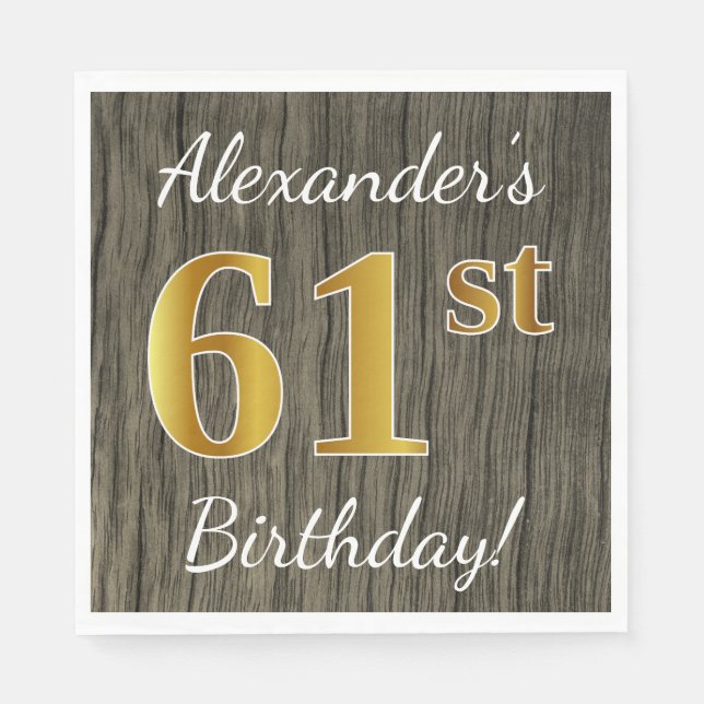 Faux Wood, Faux Gold 61st Birthday + Custom Name Napkin (Front)