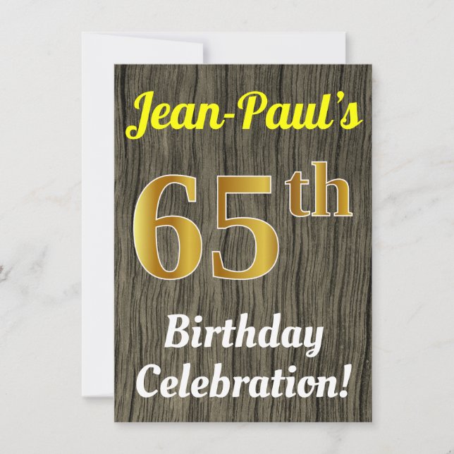 Faux Wood, Faux Gold 65th Birthday Celebration Invitation (Front)