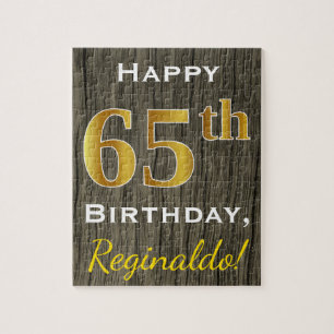 Faux Wood, Faux Gold 65th Birthday + Custom Name Jigsaw Puzzle