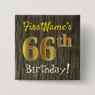 Faux Wood, Faux Gold 66th Birthday + Custom Name 15 Cm Square Badge
