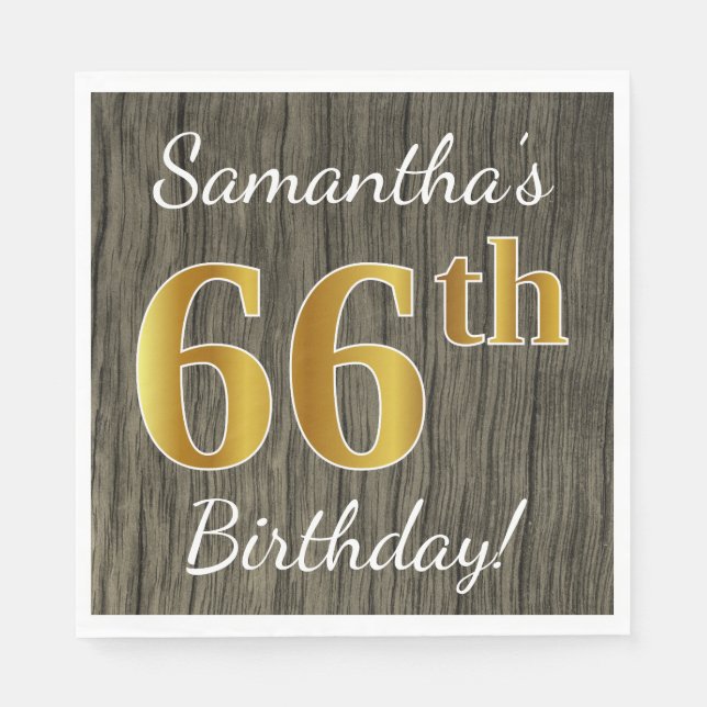 Faux Wood, Faux Gold 66th Birthday + Custom Name Napkin (Front)