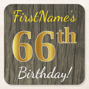 Faux Wood, Faux Gold 66th Birthday + Custom Name Square Paper Coaster