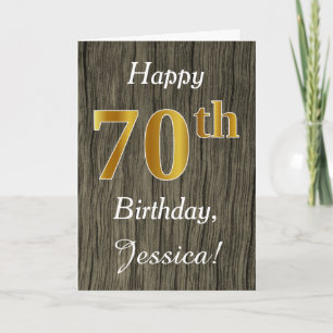 Faux Wood, Faux Gold 70th Birthday + Custom Name Card