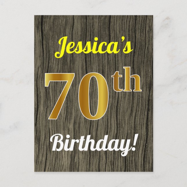 Faux Wood, Faux Gold 70th Birthday & Custom Name Postcard (Front)