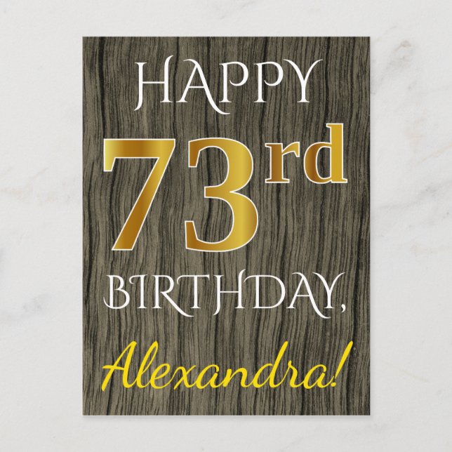 Faux Wood, Faux Gold 73rd Birthday + Custom Name Postcard (Front)