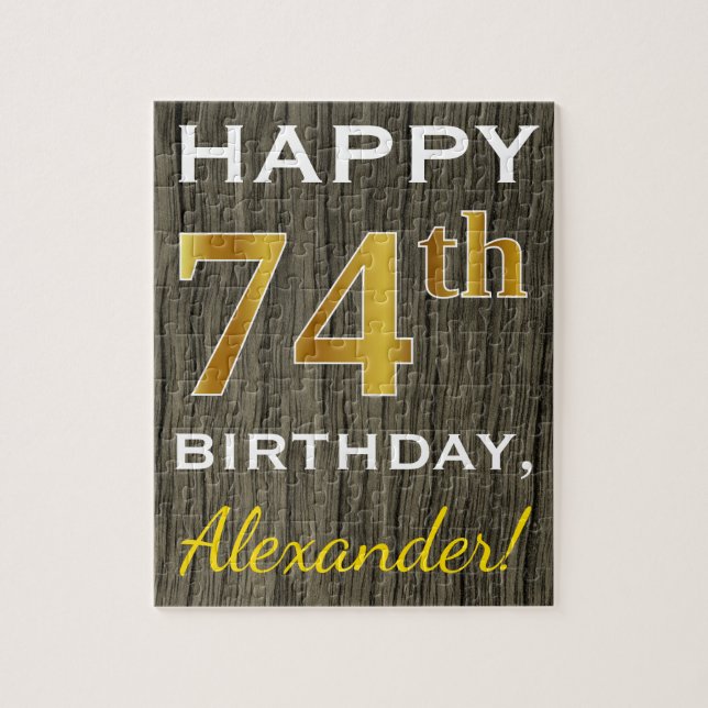 Faux Wood, Faux Gold 74th Birthday + Custom Name Jigsaw Puzzle (Vertical)