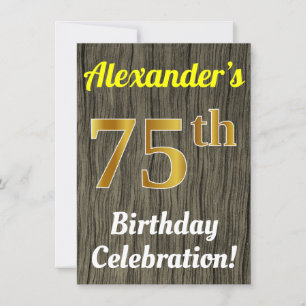 Faux Wood, Faux Gold 75th Birthday Celebration Invitation