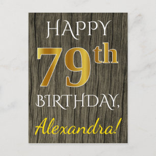Faux Wood, Faux Gold 79th Birthday + Custom Name Postcard