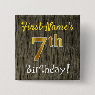 Faux Wood, Faux Gold 7th Birthday + Custom Name 15 Cm Square Badge