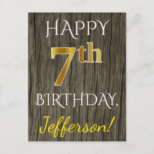 Faux Wood, Faux Gold 7th Birthday + Custom Name Postcard