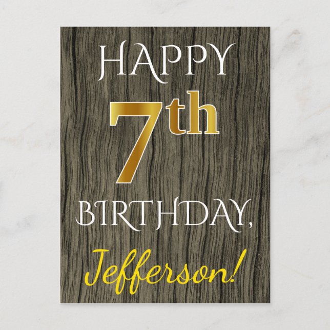 Faux Wood, Faux Gold 7th Birthday + Custom Name Postcard (Front)