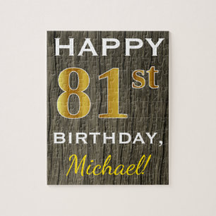 Faux Wood, Faux Gold 81st Birthday + Custom Name Jigsaw Puzzle