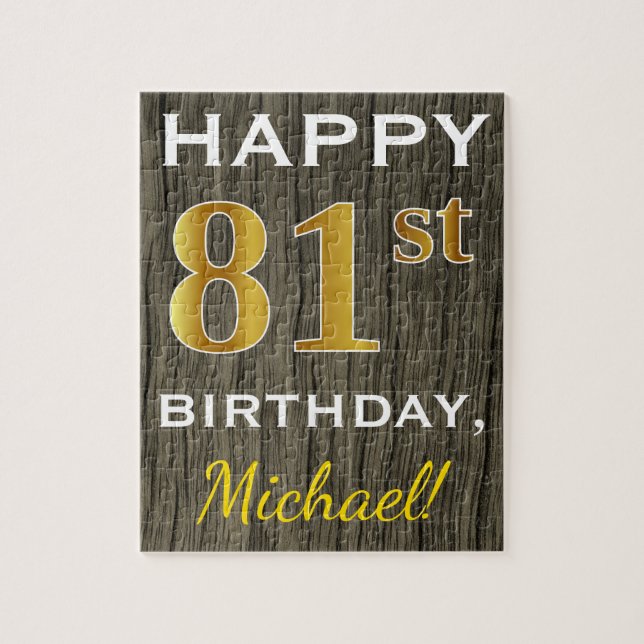 Faux Wood, Faux Gold 81st Birthday + Custom Name Jigsaw Puzzle (Vertical)