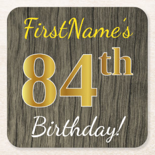 Faux Wood, Faux Gold 84th Birthday + Custom Name Square Paper Coaster