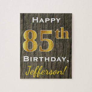 Faux Wood, Faux Gold 85th Birthday + Custom Name Jigsaw Puzzle